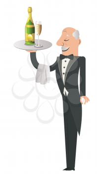 Cartoon servant with bottle and glass of champagne on tray. 
