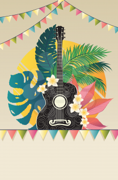 Music design with retro acoustic guitar and tropical leaves and flowers.