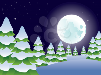Winter forest landscape with snowy fir trees at night.