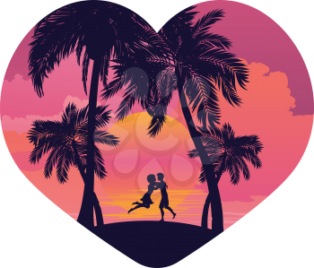 Palm trees on tropical island landscape in a heart, sunrise or sunset background.
