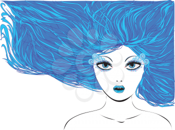 Illustration of abstract winter girl with blue hair.