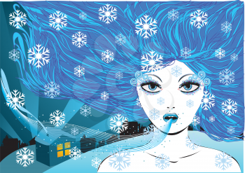 Illustration of abstract winter girl with blue hair and small town.