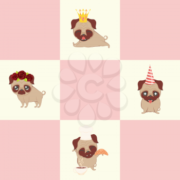 Cartoon kawaii pug with party props in different poses.