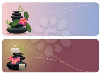 Black pebbles pile, zen stones heap with flower and bamboo banners on white background.