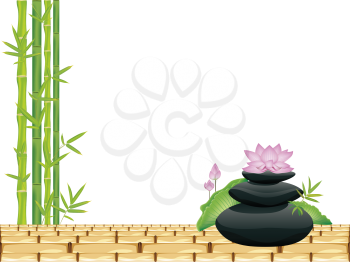 Black pebbles pile, zen stones heap and purple lotus flower background.