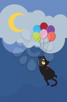 Cute cartoon black cat flying with balloons illustration.