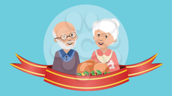 Cartoon grandparents with roasted turkey or chicken, traditional holiday meal.