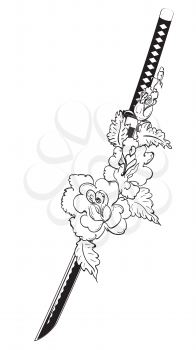 Japanese katana sword with roses black and white illustration.