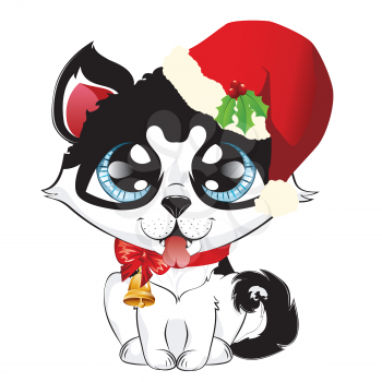 Cartoon siberian husky with santa hat, cute Christmas dog.
