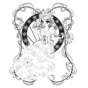 Cartoon snow queen with snowflakes, black and white vintage illustration.