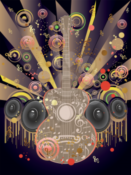 Decorative grunge funky music poster with guitar and sound speakers.