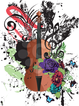 Retro style brown violin colorful grunge illustration, music background.