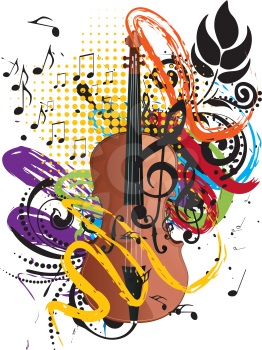 Retro style brown violin colorful grunge illustration, music background.
