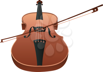 Classic violin with fiddle stick on white background.