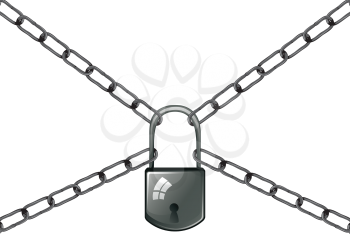 Gray metal chains with padlock on white background.