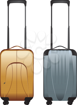 Two suitcases on wheels, silver and yellow colors, for travel on white background.