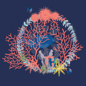 Seaweed and coral reef, marine themed abstract design illustration.