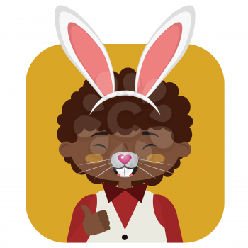 Cartoon boy with white bunny ears, Easter greeting.