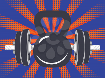 Abstract fitness themed retro design, dumbbells and kettlebell background illustration.