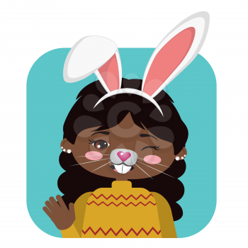 Cartoon girl with white bunny ears, Easter greeting.