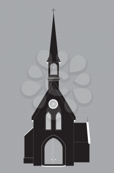 Black silhouette of an ancient catholic church illustration.