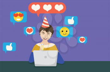 Cartoon man with a laptop wears a birthday party hat, chatting online in social media, concept illustration.