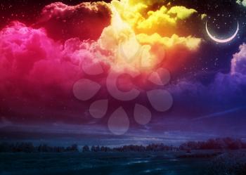 Dark landscape with rainbow clouds and river, abstract background.
