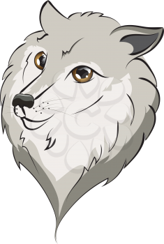 Cute cartoon grey wolf portrait with big eyes illustration.