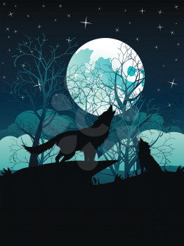 Silhouette of the wolf howling at the moon in the forest at night.