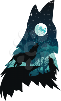 Silhouette of the wolf howling abstraction with night forest.
