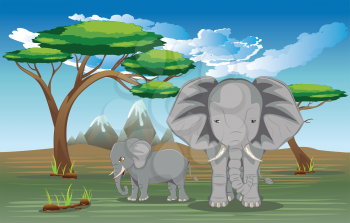 Cartoon green landscape with big grey elephant illustration.