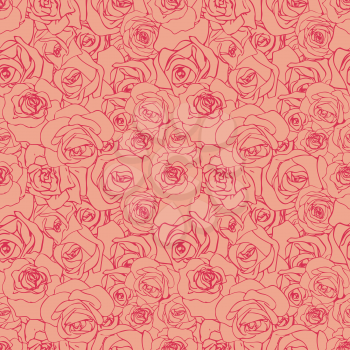 A lot of beautiful pink outline rosebuds on vanilla background