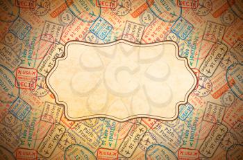 A lot of colorful International travel visa rubber stamps imprints on old paper with retro frame, horizontal vintage background