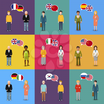 A lot of colourful characters with speech bubbles with different countries flags in flat design style, language study concept illustration