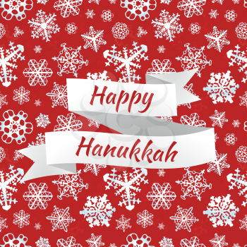 Happy Hanukkah card with snowflakes on red background, vector illustration