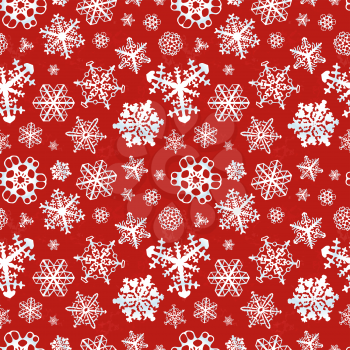 Different modern snowflakes on red winter background seamless pattern