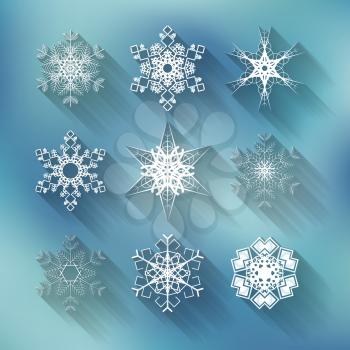 Set of nine vector different snowflakes on winter background
