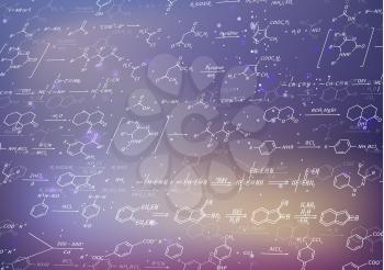 A lot of recondite chemical equations and formulas on blurred purple background