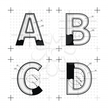 Architectural sketches of A B C D letters. Blueprint style font on white.