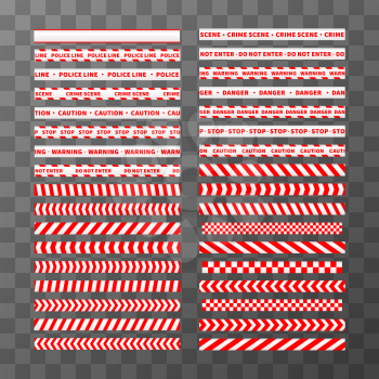 Big set of different seamless red and white caution tapes on transparent background