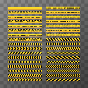 Big set of different seamless yellow and black caution tapes on transparent background