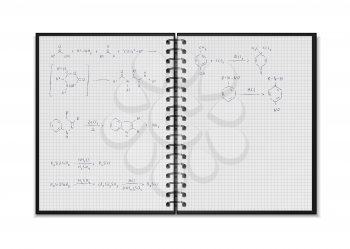 Black open realistic school notepad with chemical reaction equations and formulas on square grid sheets isolated on white