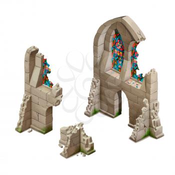 Bright cartoon gothic arch with stained-glass window, gameobject isolated on white