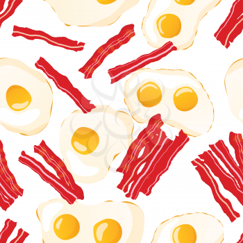 Bright colorful fried eggs with bacon, breakfast seamless pattern on white