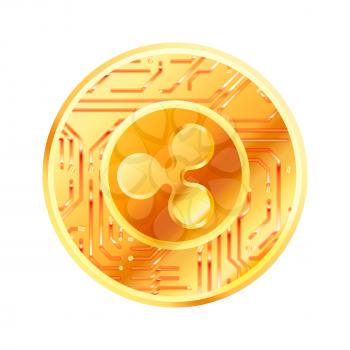 Bright golden coin with microchip pattern and Ripple sign. Cryptocurrency concept isolated on white