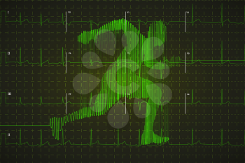 Bright green human electrocardiogram in running shape on dark monitor, healthy life concept illustration