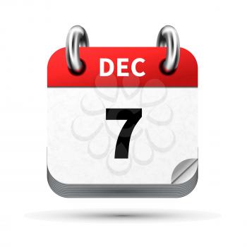 Bright realistic icon of calendar with 7 december date on white