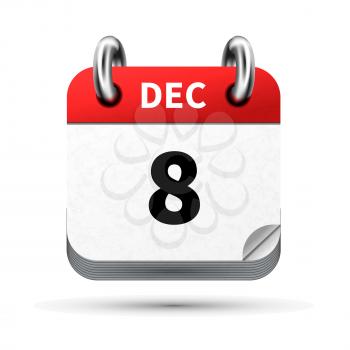 Bright realistic icon of calendar with 8 december date on white
