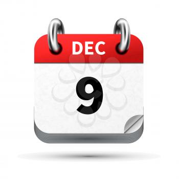 Bright realistic icon of calendar with 9 december date on white