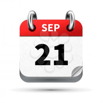Bright realistic icon of calendar with 21 september date on white